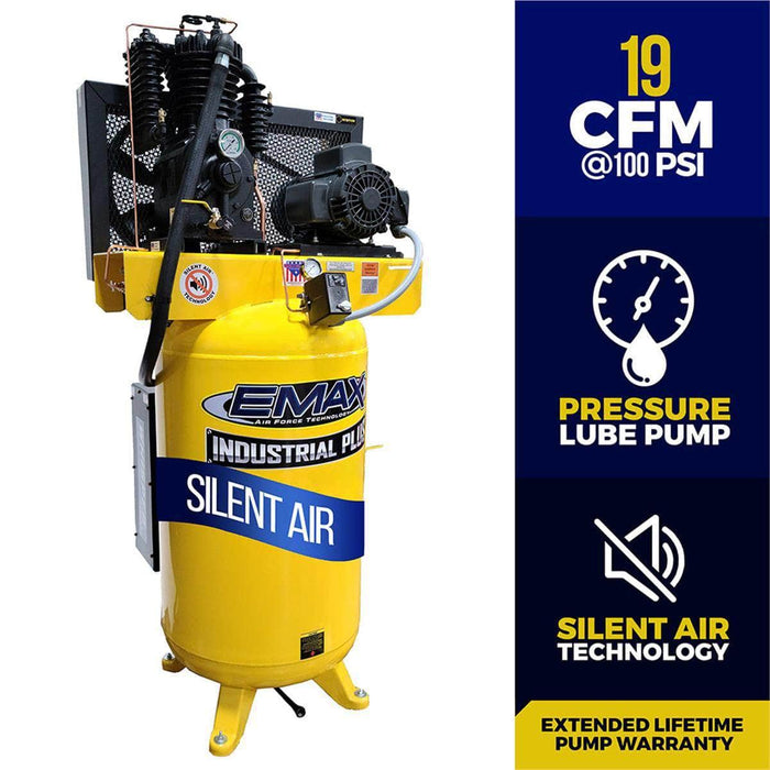 Emax Compressor Air Compressors Emax Compressor 5HP 1PH 80-Gallon Vertical Silent Air Compressor w/ Air Silencer & Pressure Lube Pump